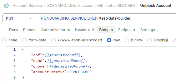 Aba de request body no Postman com dados gerados pela pre-request